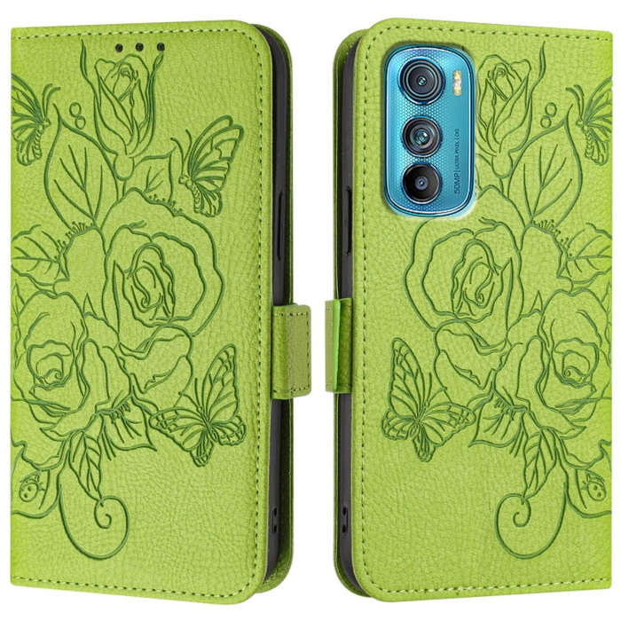 For Motorola Edge 30 Embossed Rose RFID Anti-theft Leather Phone Case(Green)