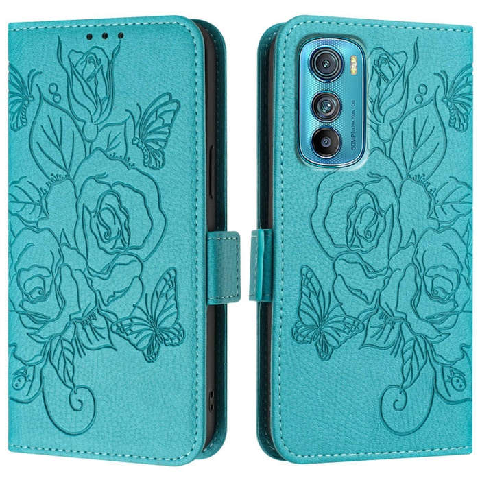 For Motorola Edge 30 Embossed Rose RFID Anti-theft Leather Phone Case(Light Blue)
