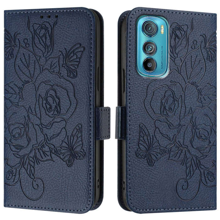 For Motorola Edge 30 Embossed Rose RFID Anti-theft Leather Phone Case(Dark Blue)