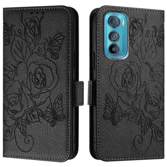 For Motorola Edge 30 Embossed Rose RFID Anti-theft Leather Phone Case(Black)