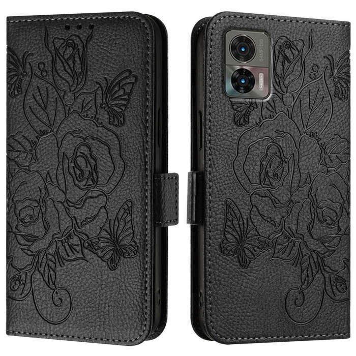 For Motorola Edge 30 Neo Embossed Rose RFID Anti-theft Leather Phone Case(Black)