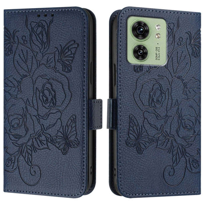 For Motorola Edge 40 5G Embossed Rose RFID Anti-theft Leather Phone Case(Dark Blue)