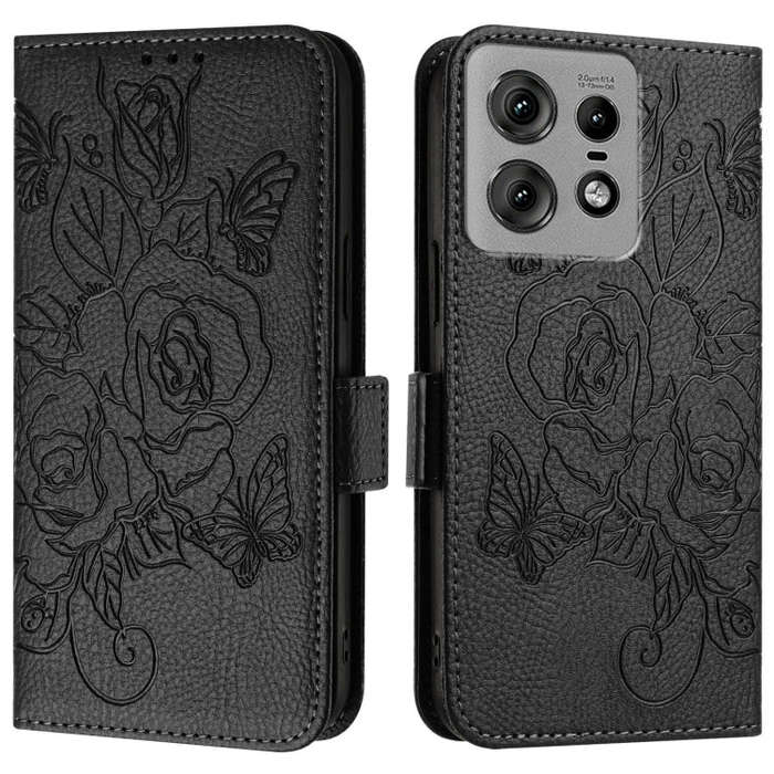 For Motorola Edge 50 Pro Embossed Rose RFID Anti-theft Leather Phone Case(Black)