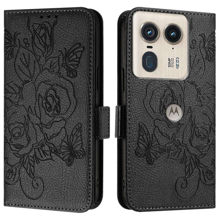 For Motorola Edge 50 Ultra Embossed Rose RFID Anti-theft Leather Phone Case(Black)