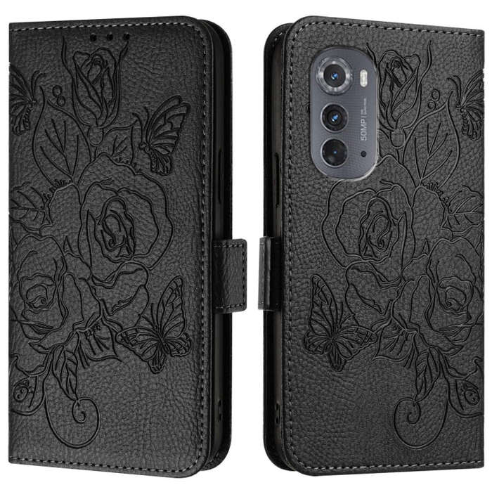 For Motorola Edge 2022 / 5G UW 2022 Embossed Rose RFID Anti-theft Leather Phone Case(Black)