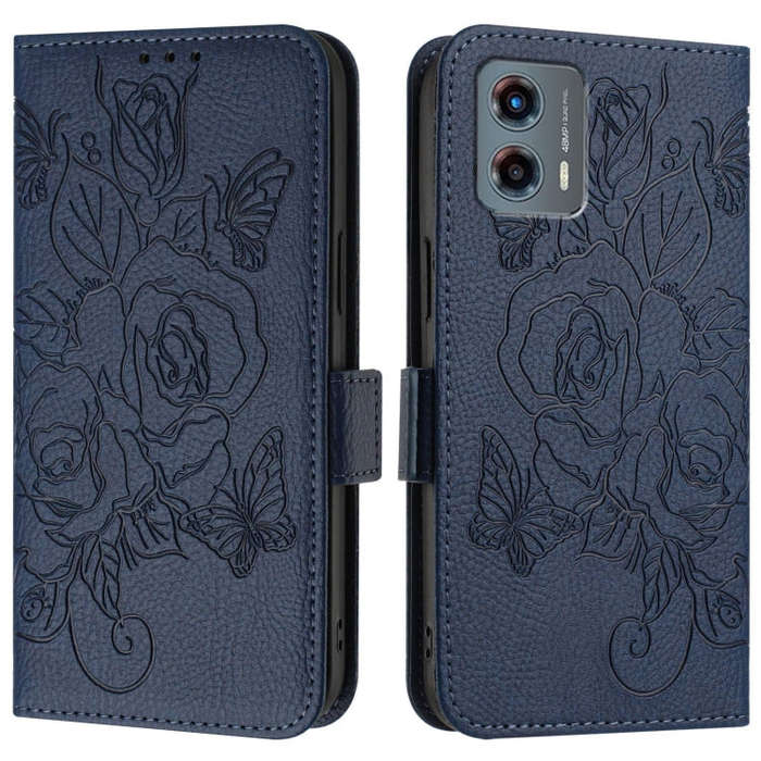 For Motorola Moto G 5G 2023 Embossed Rose RFID Anti-theft Leather Phone Case(Dark Blue)