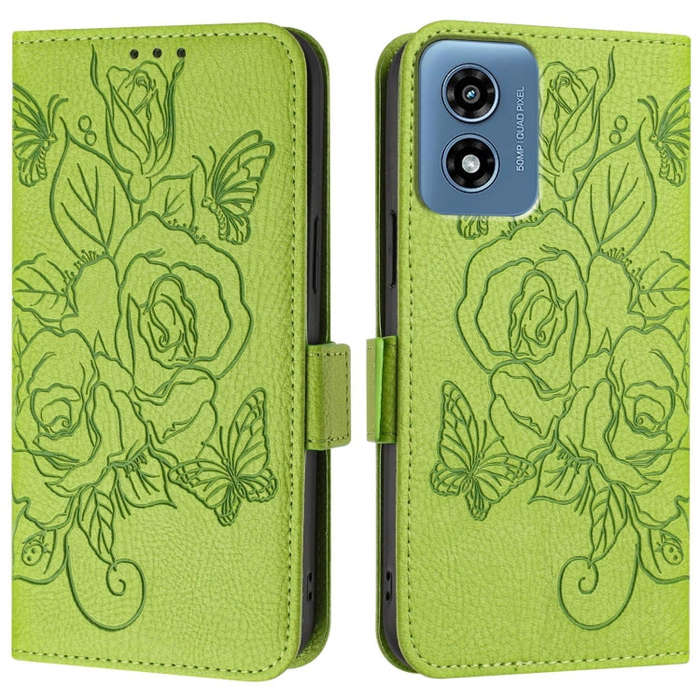 For Motorola Moto G Play 4G 2024 Embossed Rose RFID Anti-theft Leather Phone Case(Green)