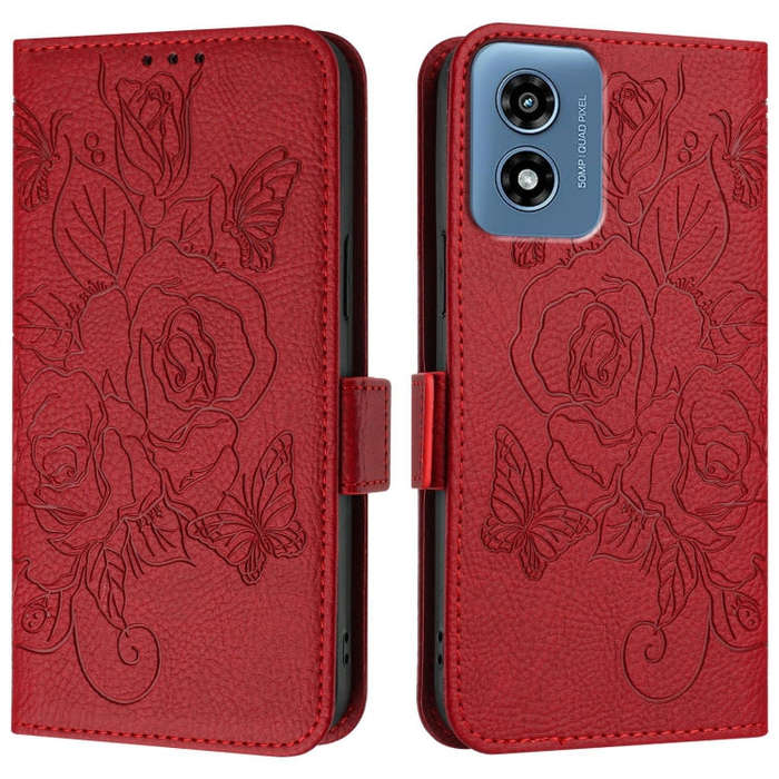 For Motorola Moto G Play 4G 2024 Embossed Rose RFID Anti-theft Leather Phone Case(Red)