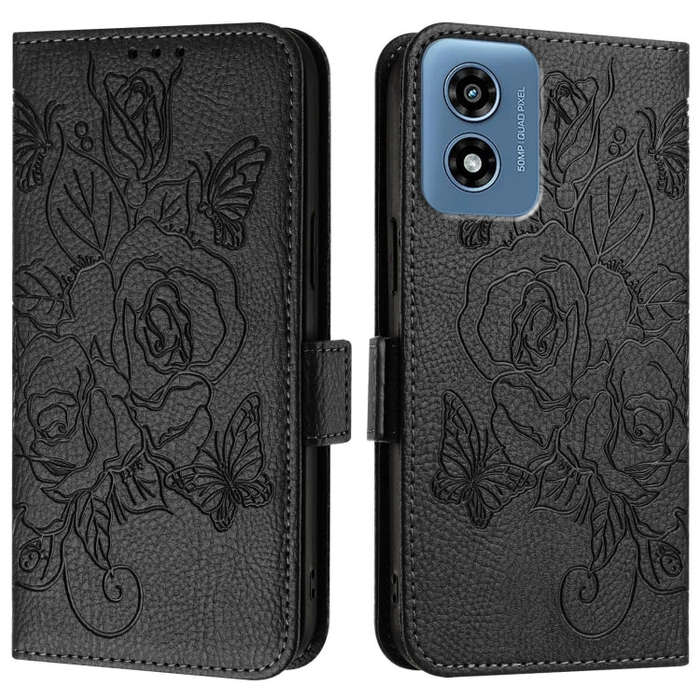 For Motorola Moto G Play 4G 2024 Embossed Rose RFID Anti-theft Leather Phone Case(Black)