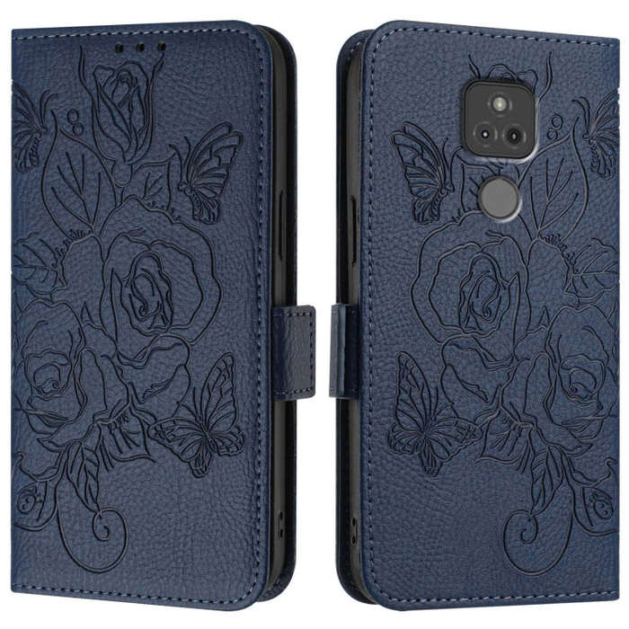 For Motorola Moto G Play 2021 Embossed Rose RFID Anti-theft Leather Phone Case(Dark Blue)