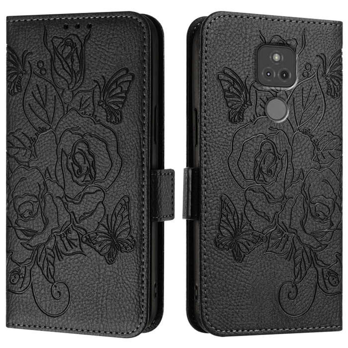 For Motorola Moto G Play 2021 Embossed Rose RFID Anti-theft Leather Phone Case(Black)