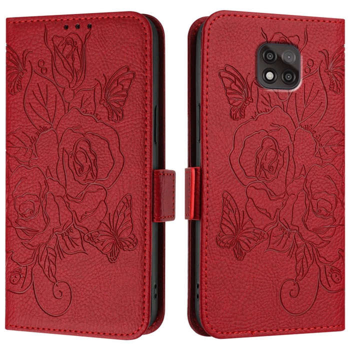 For Motorola Moto G Power 2021 Embossed Rose RFID Anti-theft Leather Phone Case(Red)
