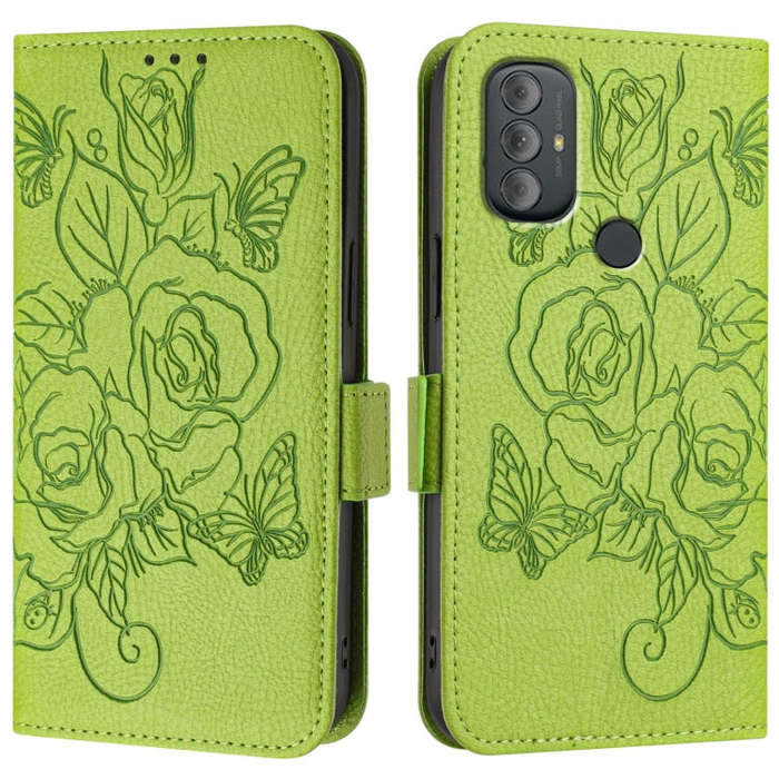For Motorola Moto G Power 2022 Embossed Rose RFID Anti-theft Leather Phone Case(Green)