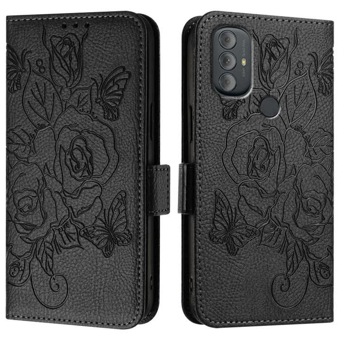 For Motorola Moto G Power 2022 Embossed Rose RFID Anti-theft Leather Phone Case(Black)