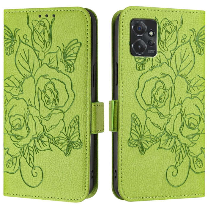 For Motorola Moto G Power 2023 Embossed Rose RFID Anti-theft Leather Phone Case(Green)