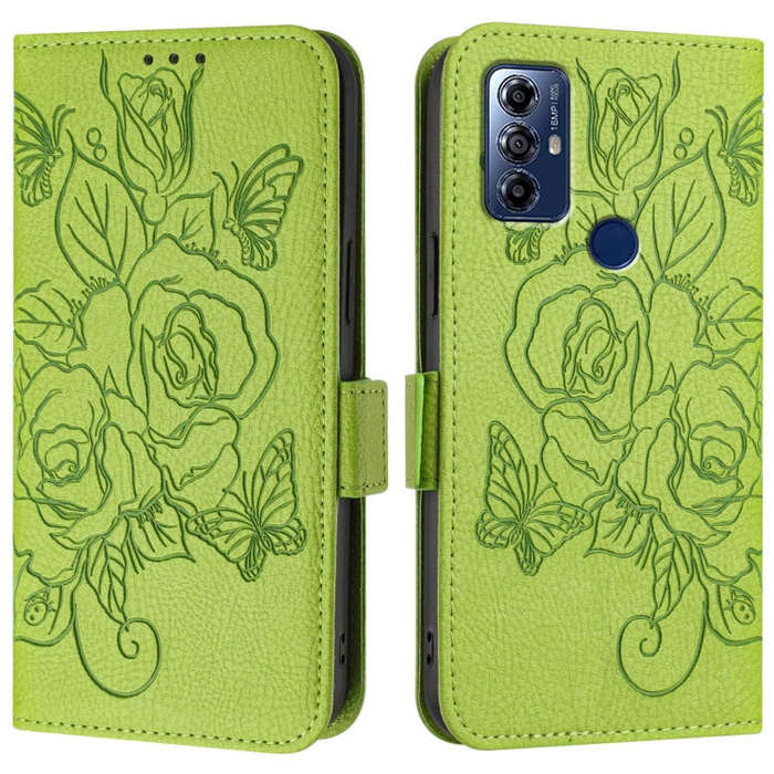 For Motorola Moto G Pure 2021 / G Play 2023 Embossed Rose RFID Anti-theft Leather Phone Case(Green)