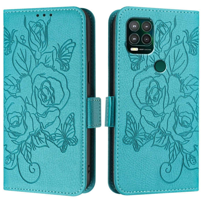For Motorola Moto G Stylus 5G 2021 Embossed Rose RFID Anti-theft Leather Phone Case(Light Blue)