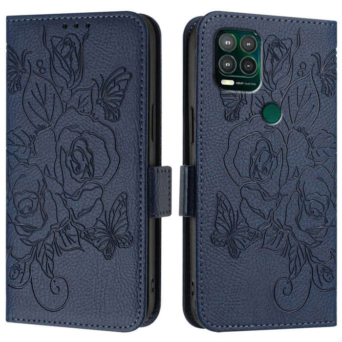 For Motorola Moto G Stylus 5G 2021 Embossed Rose RFID Anti-theft Leather Phone Case(Dark Blue)