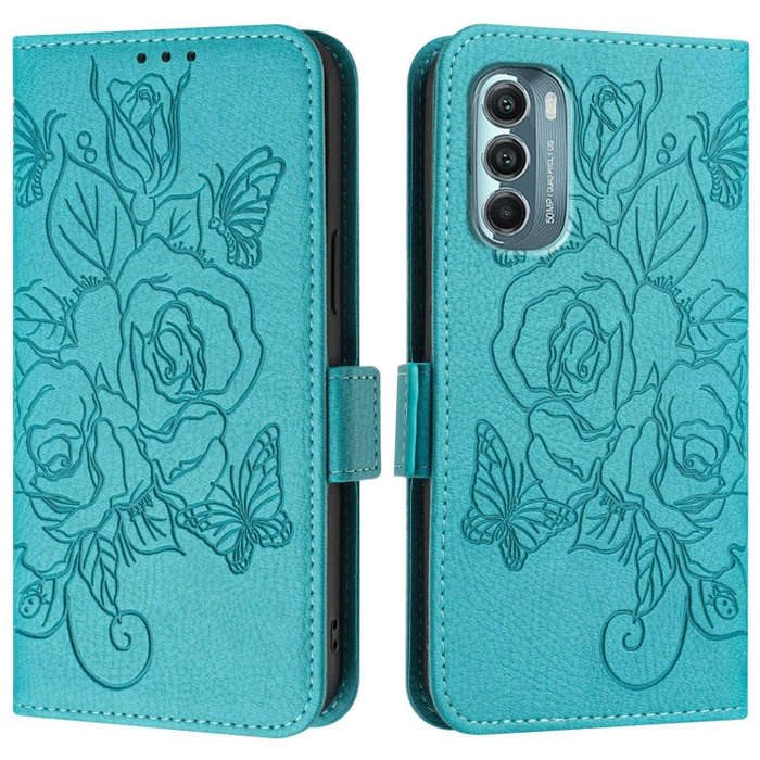 For Motorola Moto G Stylus 2022 5G Embossed Rose RFID Anti-theft Leather Phone Case(Light Blue)