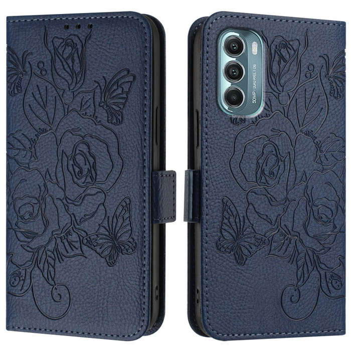 For Motorola Moto G Stylus 2022 5G Embossed Rose RFID Anti-theft Leather Phone Case(Dark Blue)