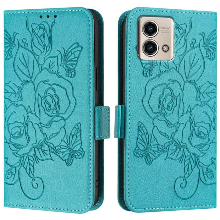 For Motorola Moto G Stylus 2023 5G Embossed Rose RFID Anti-theft Leather Phone Case(Light Blue)