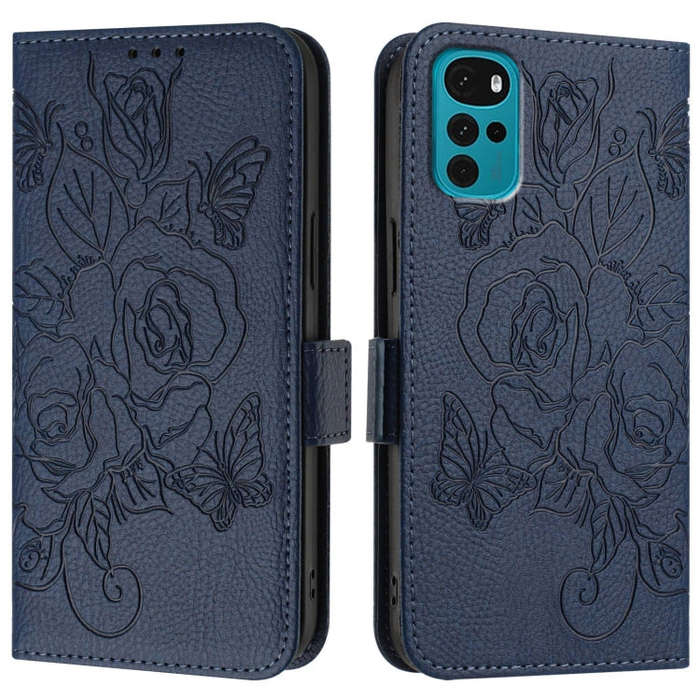 For Motorola Moto G22 4G / E22s 4G Embossed Rose RFID Anti-theft Leather Phone Case(Dark Blue)