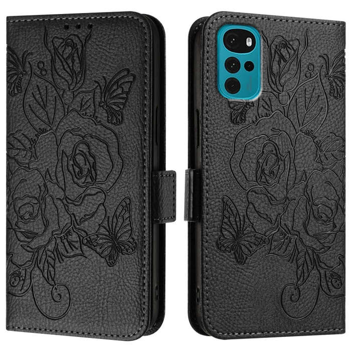 For Motorola E32 4G India Embossed Rose RFID Anti-theft Leather Phone Case(Black)