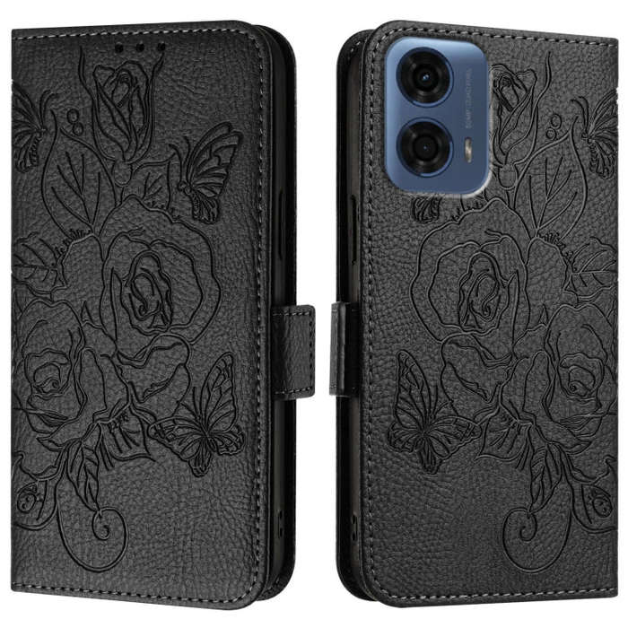 For Motorola Moto G24 Power 4G India Embossed Rose RFID Anti-theft Leather Phone Case(Black)