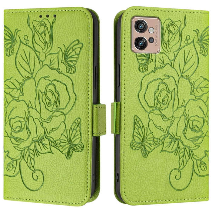 For Motorola Moto G32 Embossed Rose RFID Anti-theft Leather Phone Case(Green)