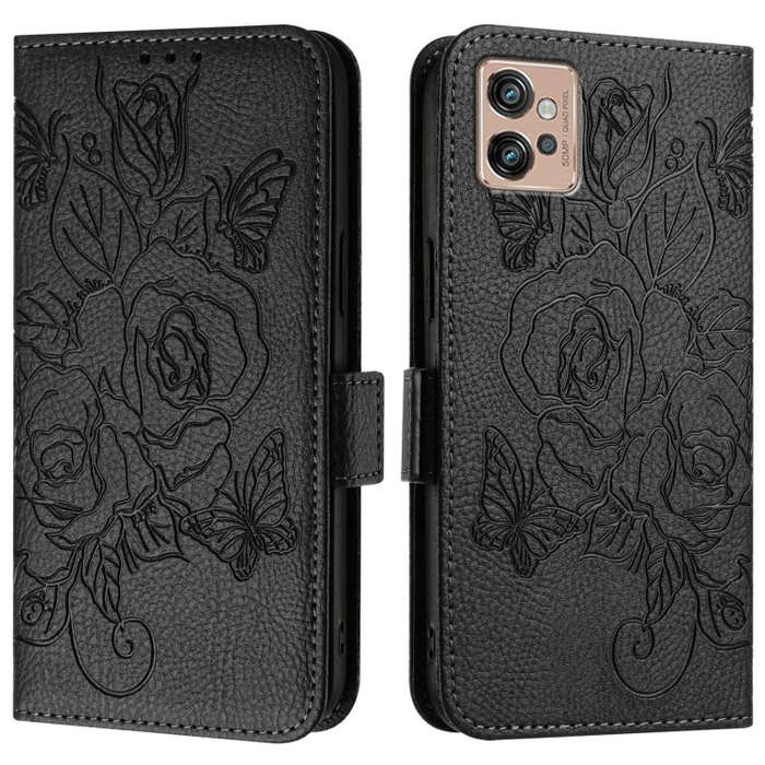 For Motorola Moto G32 Embossed Rose RFID Anti-theft Leather Phone Case(Black)