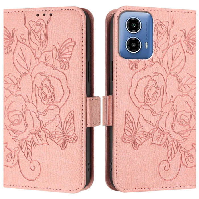 For Motorola Moto G34 Embossed Rose RFID Anti-theft Leather Phone Case(Pink)