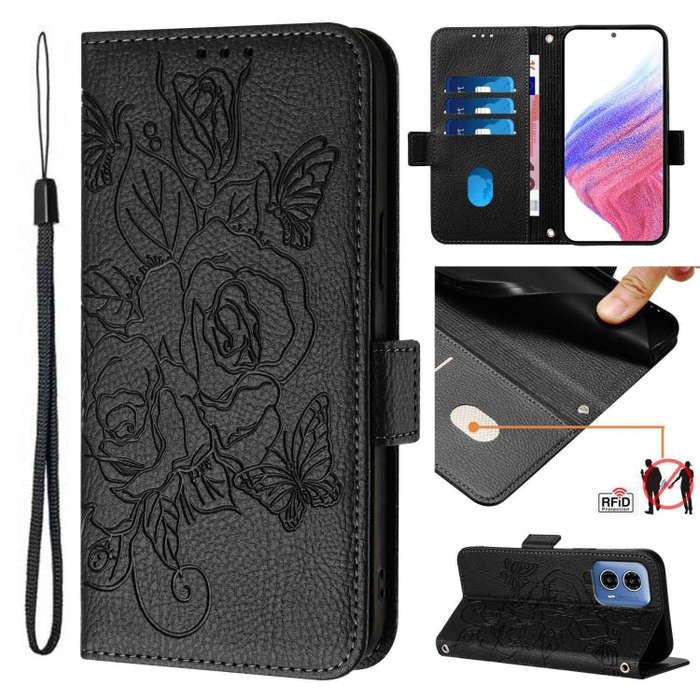 For Motorola Moto G34 Embossed Rose RFID Anti-theft Leather Phone Case(Black)