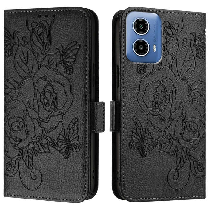 For Motorola Moto G34 Embossed Rose RFID Anti-theft Leather Phone Case(Black)