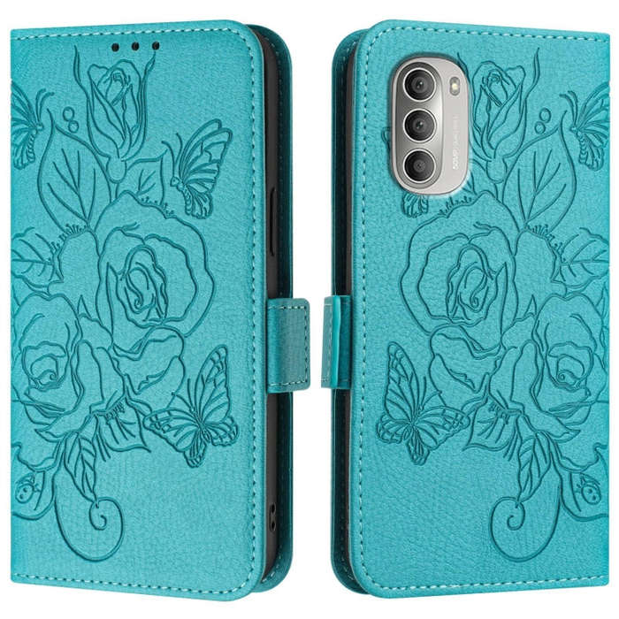 For Motorola Moto G51 5G Embossed Rose RFID Anti-theft Leather Phone Case(Light Blue)