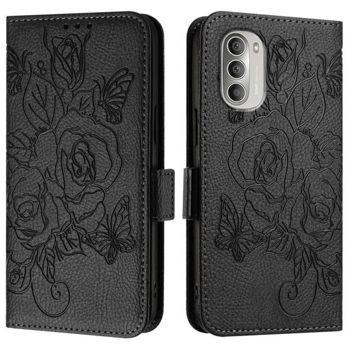 For Motorola Moto G51 5G Embossed Rose RFID Anti-theft Leather Phone Case(Black)