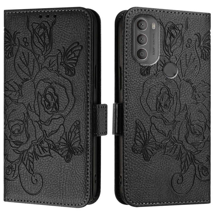 For Motorola Moto G71 Embossed Rose RFID Anti-theft Leather Phone Case(Black)