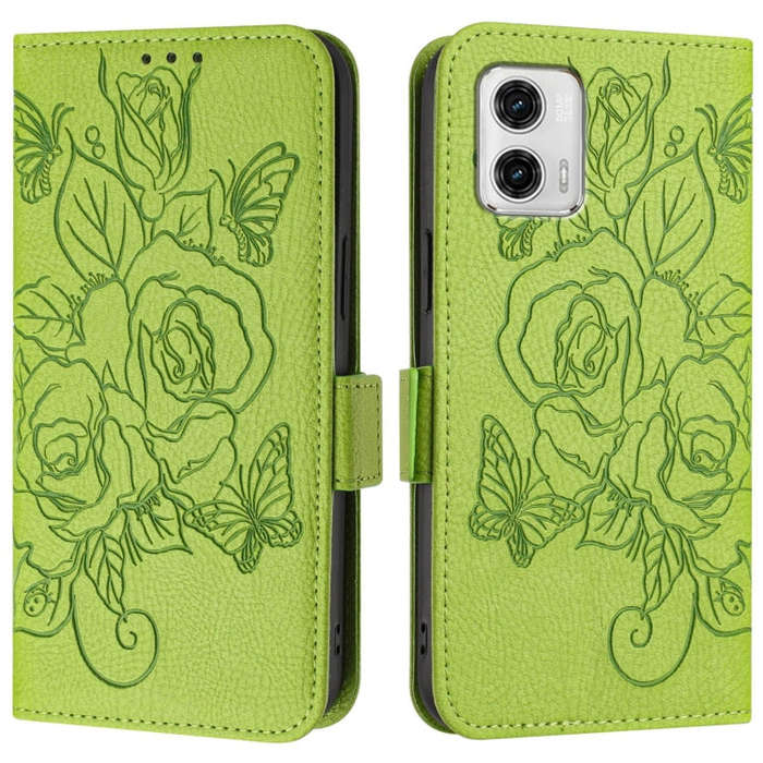 For Motorola Moto G73 Embossed Rose RFID Anti-theft Leather Phone Case(Green)
