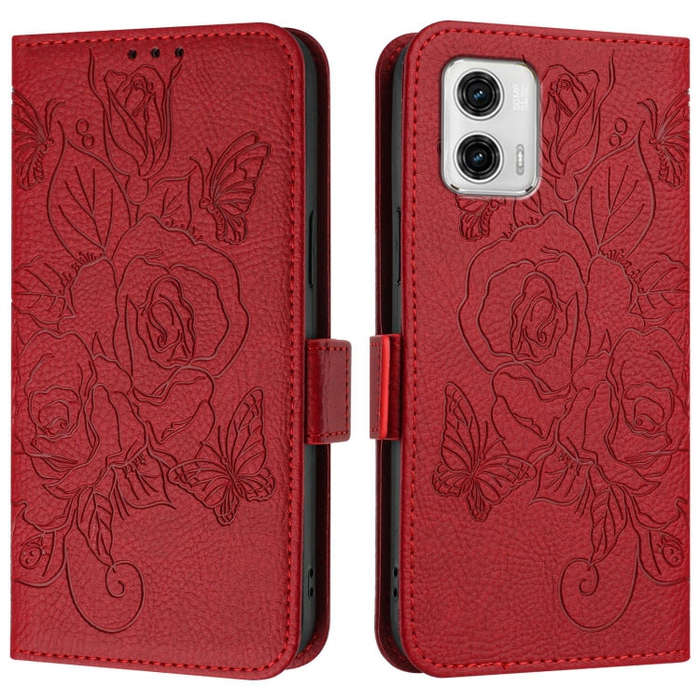 For Motorola Moto G73 Embossed Rose RFID Anti-theft Leather Phone Case(Red)