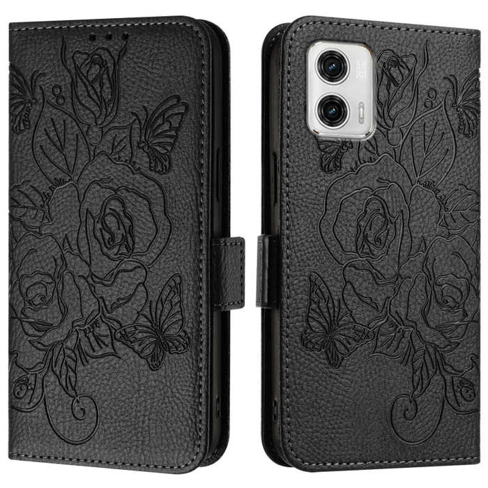 For Motorola Moto G73 Embossed Rose RFID Anti-theft Leather Phone Case(Black)