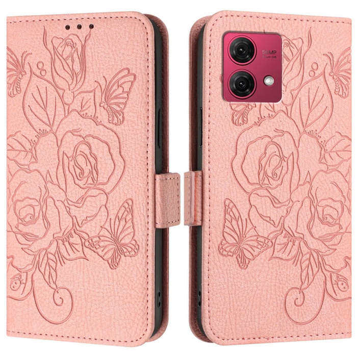 For Motorola Moto G84 5G Embossed Rose RFID Anti-theft Leather Phone Case(Pink)