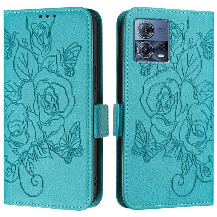 For Motorola Edge 30 Fusion Embossed Rose RFID Anti-theft Leather Phone Case(Light Blue)