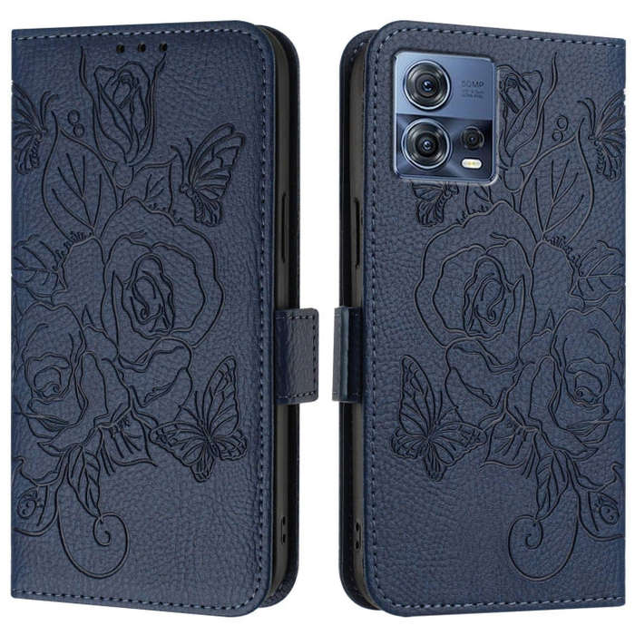 For Motorola Edge 30 Fusion Embossed Rose RFID Anti-theft Leather Phone Case(Dark Blue)