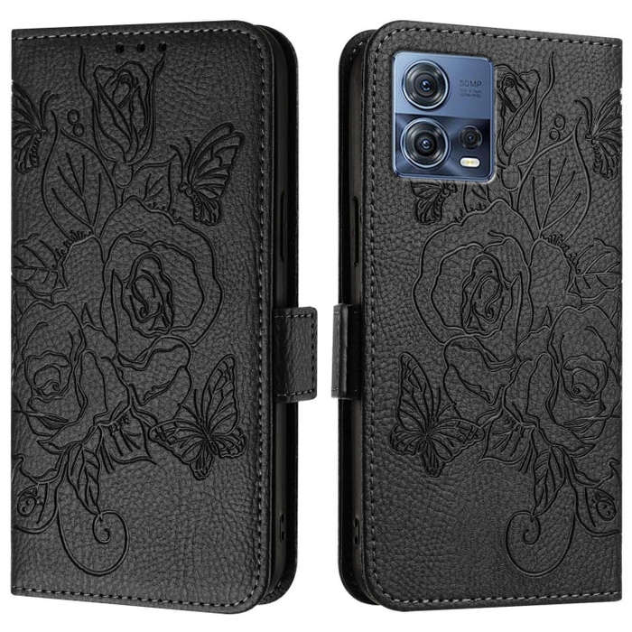 For Motorola Edge 30 Fusion Embossed Rose RFID Anti-theft Leather Phone Case(Black)