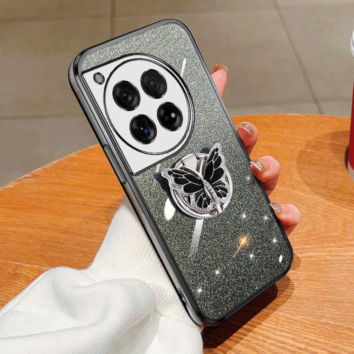 For OnePlus 12 Plated Gradient Glitter Butterfly Holder TPU Phone Case(Black)