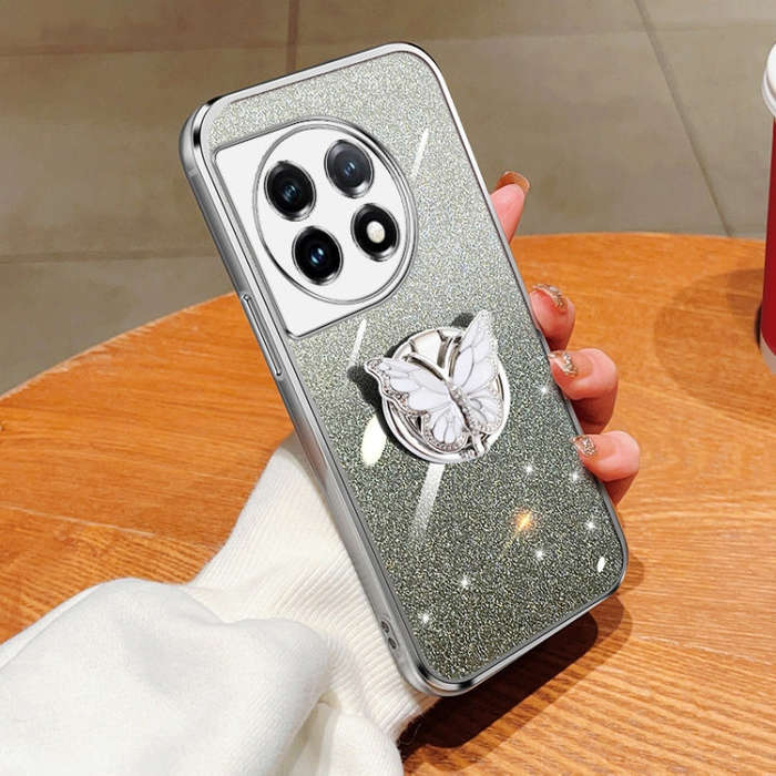 For OnePlus 11 Plated Gradient Glitter Butterfly Holder TPU Phone Case(Silver)