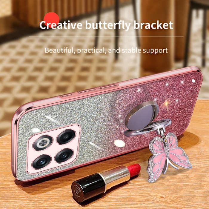 For OnePlus Ace Pro Plated Gradient Glitter Butterfly Holder TPU Phone Case(Pink)