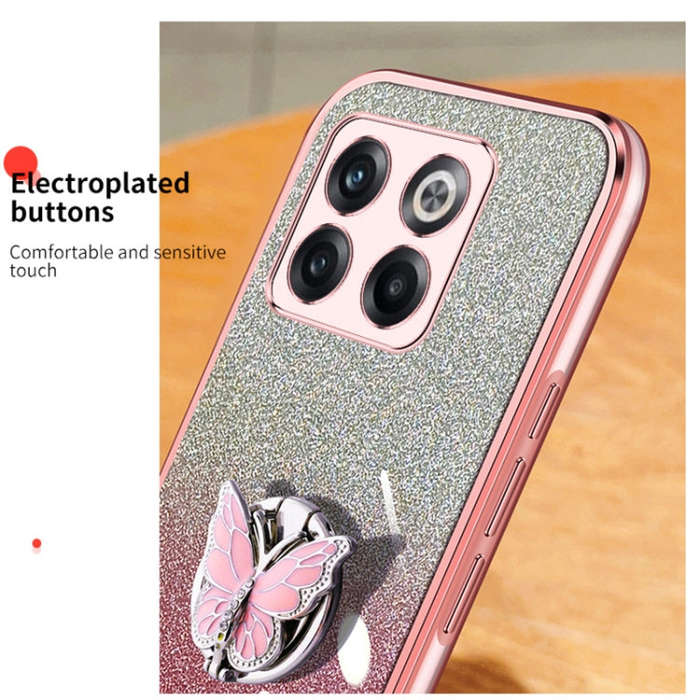 For OnePlus Ace Pro Plated Gradient Glitter Butterfly Holder TPU Phone Case(Pink)
