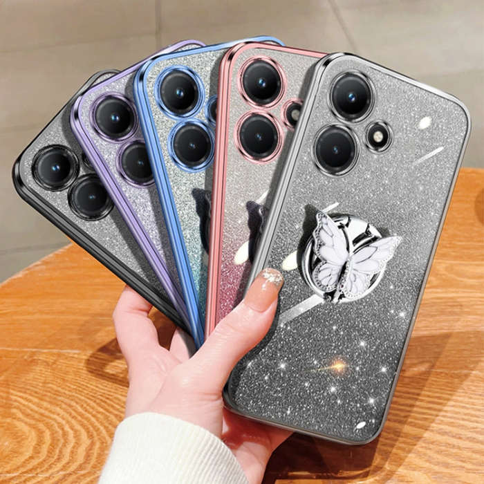 For Infinix Hot 30i Plated Gradient Glitter Butterfly Holder TPU Phone Case(Silver)