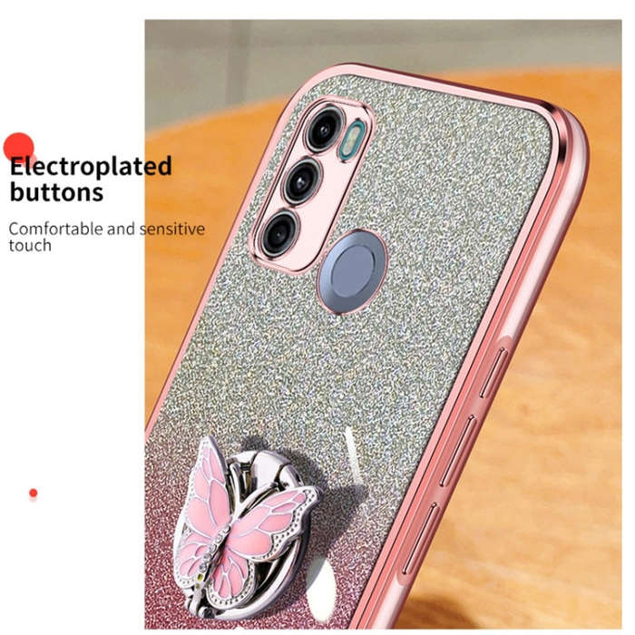 For Motorola Moto G60 Plated Gradient Glitter Butterfly Holder TPU Phone Case(Sierra Blue)