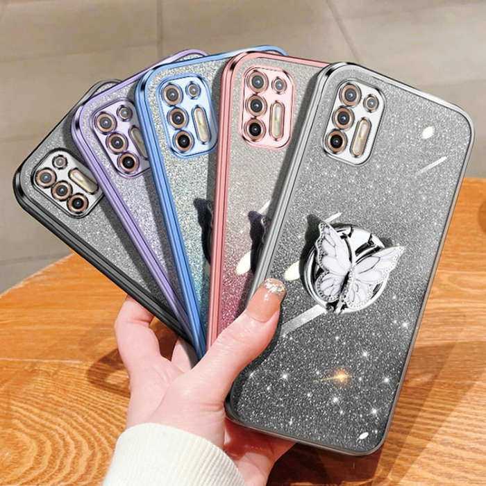 For Motorola Moto G9 Plus Plated Gradient Glitter Butterfly Holder TPU Phone Case(Sierra Blue)